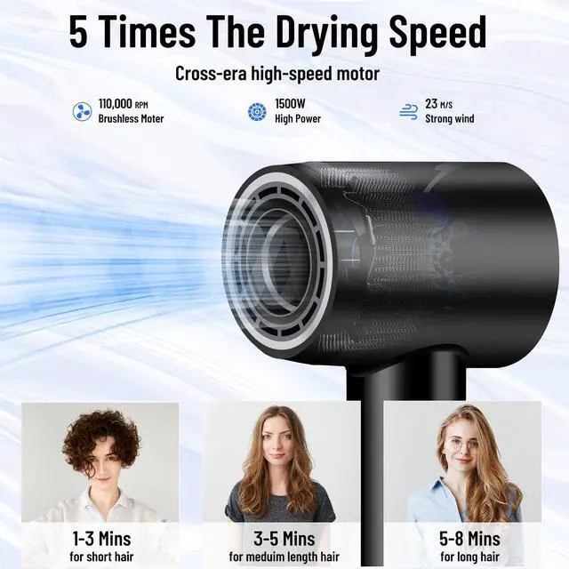 Alt view image 3 of 7 - Negative Ionic High-Speed Hair Dryer with 11,0000 RPM Brushless Motor for Fast Drying, Professional Blow Dryer with Nozzle, Low Noise Hairdryer for Salon Home Travel