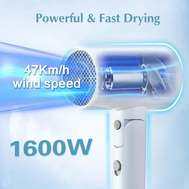 Alt view image 3 of 6 - Hair Dryer, 1600W Small Foldable Hair Blow Dryer, Fast Drying Travel Hair Dryer, White