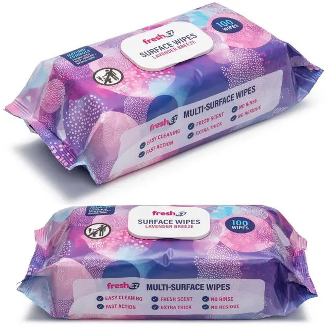 Main image of Multi-Surface Cleaning Wipes, 2 Packs x 100 Wipes, Thick No-Rinse No-Residue Surface Wipes for Kitchen, Bathroom, Glass, Stainless Steel, Granite, Wood & Plastic (Lavender Breeze)