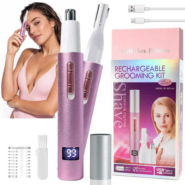 Main image of Nose & Ear Hair Trimmer for Women and Men, 2026 Painless USB Rechargeable Facial & Eyebrow Trimmer Clipper with LED Display for Easy Cleansing, Portable Grooming Kit,Gift Box Included (Purple)