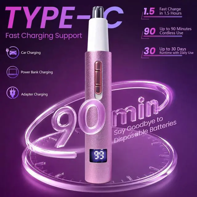 Alt view image 3 of 7 - Nose & Ear Hair Trimmer for Women and Men, 2026 Painless USB Rechargeable Facial & Eyebrow Trimmer Clipper with LED Display for Easy Cleansing, Portable Grooming Kit,Gift Box Included (Purple)