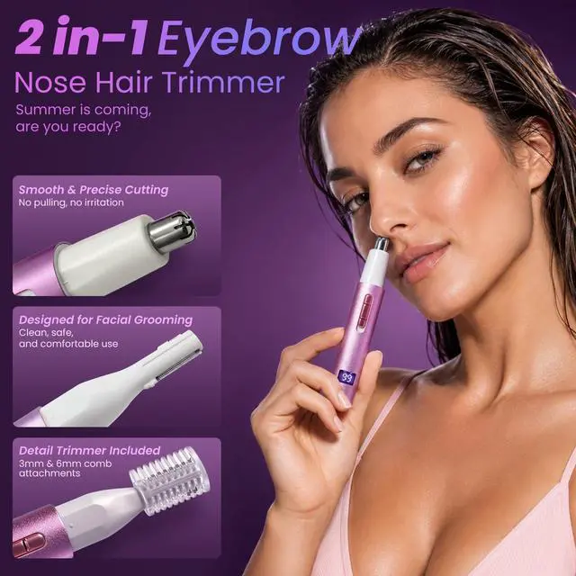 Alt view image 2 of 7 - Nose & Ear Hair Trimmer for Women and Men, 2026 Painless USB Rechargeable Facial & Eyebrow Trimmer Clipper with LED Display for Easy Cleansing, Portable Grooming Kit,Gift Box Included (Purple)
