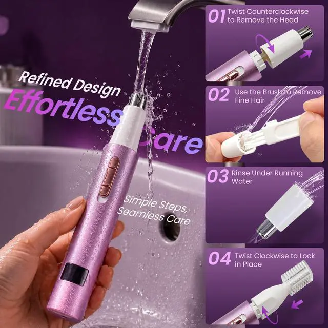 Alt view image 4 of 7 - Nose & Ear Hair Trimmer for Women and Men, 2026 Painless USB Rechargeable Facial & Eyebrow Trimmer Clipper with LED Display for Easy Cleansing, Portable Grooming Kit,Gift Box Included (Purple)