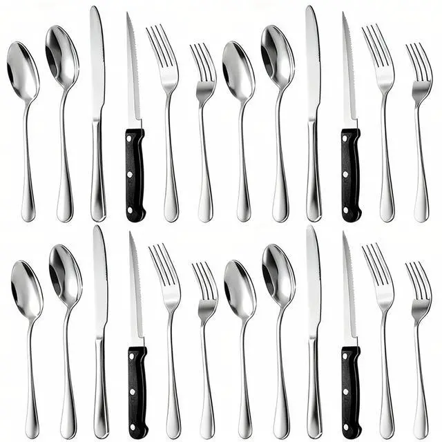 Main image of Silverware Set for 4 with Steak Knives, 24-Piece Flatware Cutlery Set, Stainless Steel Spoons Forks and Knives Sets, Mirror Finished Utensil Sets Dishwasher Safe for Home Restaurant