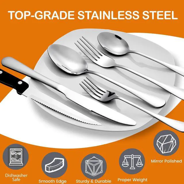 Alt view image 3 of 7 - Silverware Set for 4 with Steak Knives, 24-Piece Flatware Cutlery Set, Stainless Steel Spoons Forks and Knives Sets, Mirror Finished Utensil Sets Dishwasher Safe for Home Restaurant