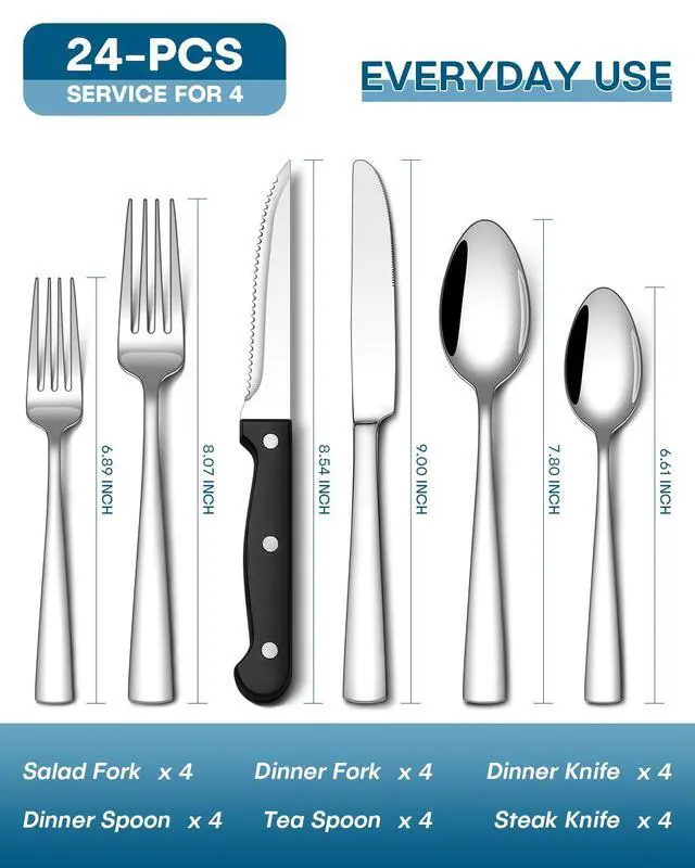 Alt view image 2 of 6 - 24-Piece Silverware Set with Steak Knives, Food-Grade Stainless Steel Flatware Set for 4 Mirror Polished Cutlery Utensil Sets Include Forks Spoons and Knives Set Dishwasher Safe
