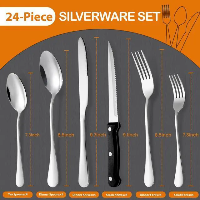 Alt view image 2 of 7 - Silverware Set for 4 with Steak Knives, 24-Piece Flatware Cutlery Set, Stainless Steel Spoons Forks and Knives Sets, Mirror Finished Utensil Sets Dishwasher Safe for Home Restaurant