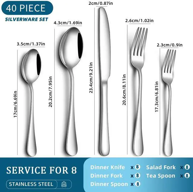 Alt view image 3 of 5 - 40 Piece Silverware Set for 8,Stainless Steel Cutlery Flatware Set,Mirror Polished Kitchen Utensils Set,Steak Knife Fork and Spoon Set for Home,Kitchen and Restaurant Use, Dishwasher Safe