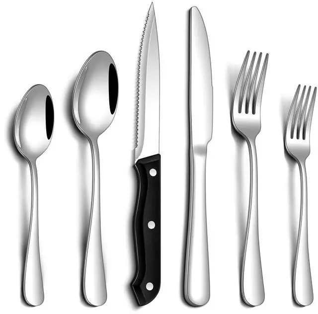 Main image of 24 Pcs Silverware Set with Steak Knives Food-Grade Stainless Steel Flatware Set for 4 Mirror Cutlery Include Forks Spoons and Knives Set Dishwasher Safe Utensil Sets for Home Restaurant