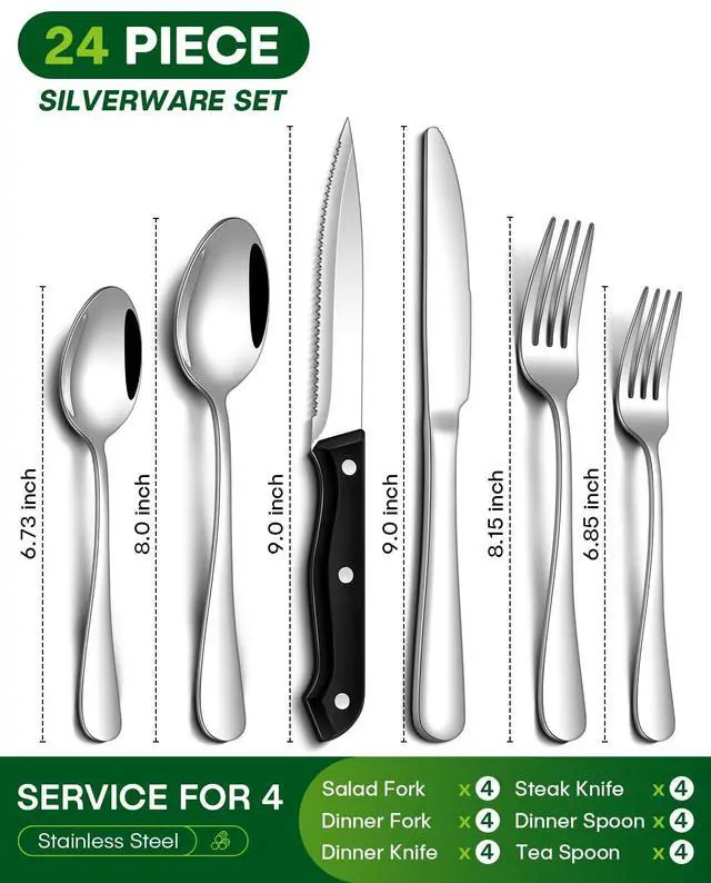 Alt view image 2 of 7 - 24 Pcs Silverware Set with Steak Knives Food-Grade Stainless Steel Flatware Set for 4 Mirror Cutlery Include Forks Spoons and Knives Set Dishwasher Safe Utensil Sets for Home Restaurant