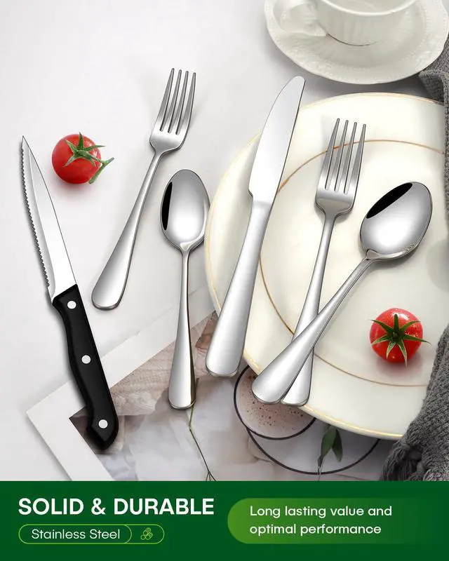 Alt view image 6 of 7 - 24 Pcs Silverware Set with Steak Knives Food-Grade Stainless Steel Flatware Set for 4 Mirror Cutlery Include Forks Spoons and Knives Set Dishwasher Safe Utensil Sets for Home Restaurant
