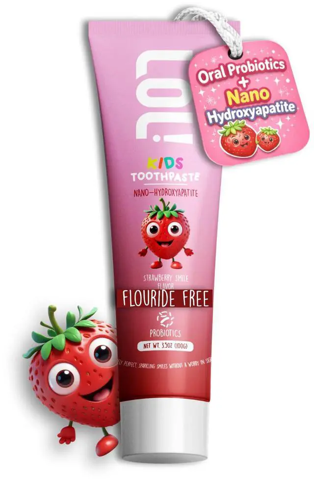 Main image of LOL Fluoride Free Toothpaste Kids, Nano Hydroxyapatite Toothpaste Kids with Probiotics & Xylitol, Remineralizing Toothpaste, Natural Plant-Based Foam, Strawberry Flavor