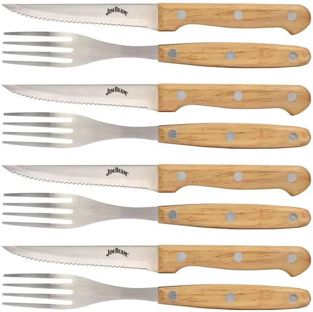 Main image of Set of 8 Ideal, Chicken, Pork and More-Steak Knives and Forks Made of Stainless Steel Blade and Contoure, Medium, Light Brown, JB0208