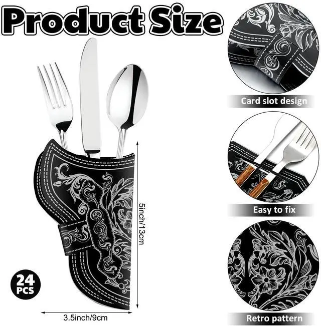 Main image of 24 Pcs Cowboy Holster Silverware Holsters Knife and Fork Silverware Sleeves Vintage Utensil Pouch Bags for Western Party Easter Decorations Home Church Party
