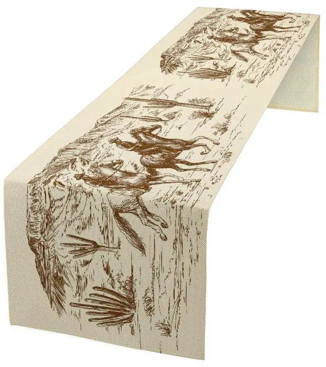 Main image of Cotton Linen Table Runner Western Kitchen Knife Fork Rectangle Table Collection American Wild West Desert with Cowboys Table Setting Decorations for Dinner Wedding Birthday Party 13x90Inch