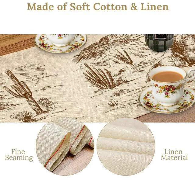 Alt view image 4 of 7 - Cotton Linen Table Runner Western Kitchen Knife Fork Rectangle Table Collection American Wild West Desert with Cowboys Table Setting Decorations for Dinner Wedding Birthday Party 13x90Inch