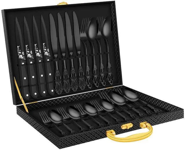 Main image of Black Silverware set with Steak Knives, Ollex 24PCS Retro Royal Flatware Set for 4 with Box, Food-Grade Stainless Steel Utensil Sets Includes Spoons Forks and Knives, Mirror Finish Dishwasher Safe