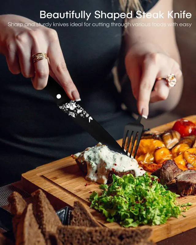 Alt view image 3 of 5 - Black Silverware set with Steak Knives, Ollex 24PCS Retro Royal Flatware Set for 4 with Box, Food-Grade Stainless Steel Utensil Sets Includes Spoons Forks and Knives, Mirror Finish Dishwasher Safe
