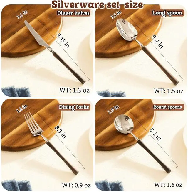 Alt view image 4 of 4 - 4-Piece Wood Handle Stainless Steel Silverware Set,18/10 Stainless Steel/Redwood Material,Flatware - Exquisite/Fancy Knives Forks and Spoons for Kitchen Appliances & Wedding Dinnerware