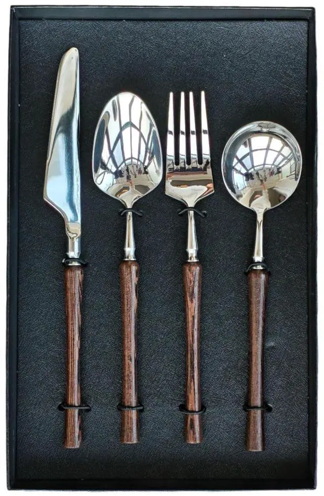Main image of 4-Piece Wood Handle Stainless Steel Silverware Set,18/10 Stainless Steel/Redwood Material,Flatware - Exquisite/Fancy Knives Forks and Spoons for Kitchen Appliances & Wedding Dinnerware