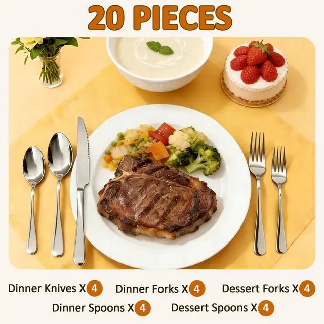Alt view image 2 of 5 - 20 Piece Silverware Set,for Home,Kitchen,Restaurant.Flatware Set,Stainless Steel Cutlery Utensil Set include Forks,Knives,Spoons