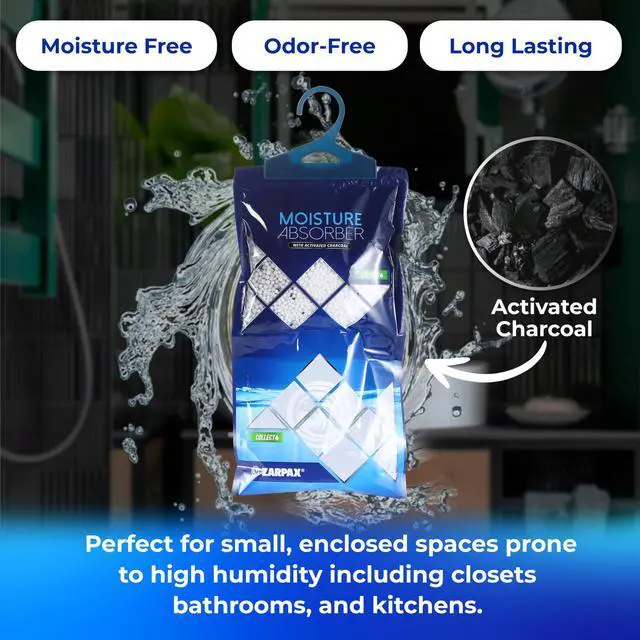 Alt view image 5 of 7 - Hanging Moisture Absorber Activated Charcoal 10.6 oz/300g | Moisture Absorbing Bags for Bathroom, Closet & Kitchen | Removes Moisture, Humidity & Odors | Portable Dehumidifier | Set Of 10