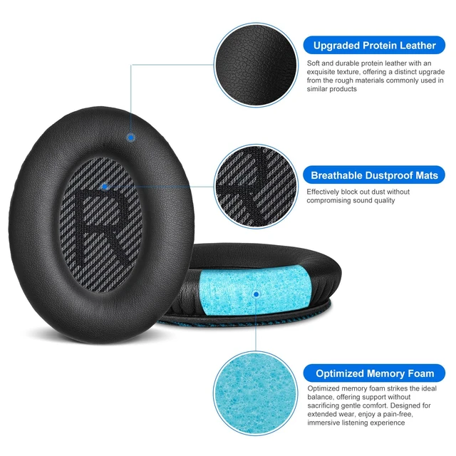 Alt view image 3 of 7 - Replacement Ear-Pads Cushions for Bose QuietComfort QC-35 QC-35-ii QC-25 QC-15 QC-2 Headphone, Ae2/Ae2i/Ae2W SoundLink SoundTrue Around-Ear, with Soft Protein Leather, Added Thickness