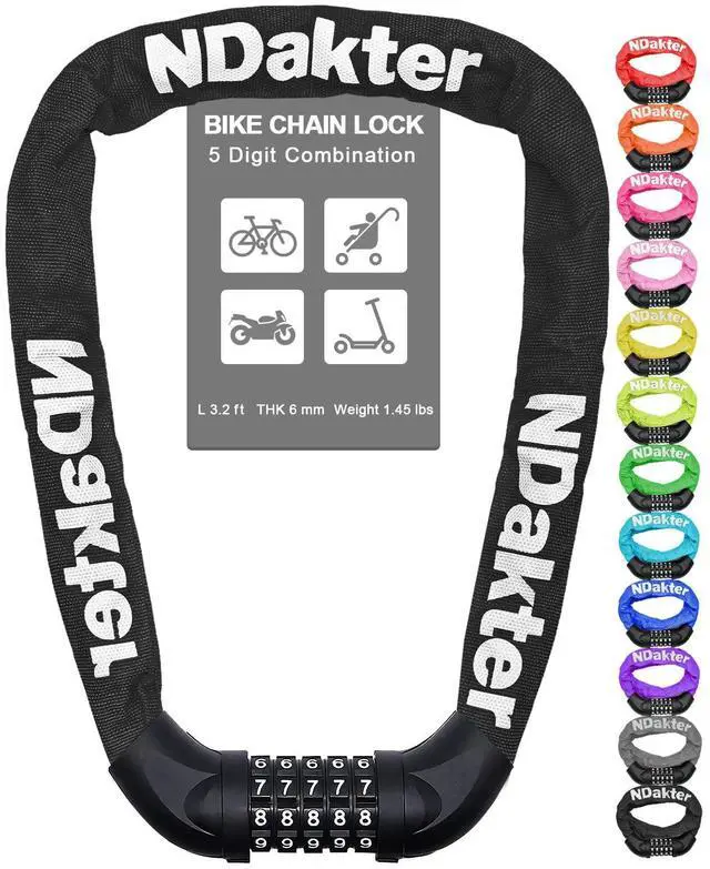 Main image of Bike Chain Lock, 5 Digit Combination Heavy Duty Anti Theft Bicycle Chain Lock, 3.2/4.27/5Ft Long Security Resettable Bike Locks for Bike, Bicycle, Scooter, Motorcycle, Door, Gate, Fence