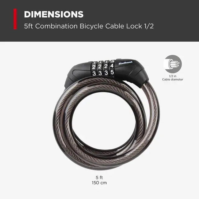 Alt view image 2 of 5 - 5 ft Combination Bicycle Cable Lock, 4-Digit, 1/2 in Diameter, Bike and Outdoor Security, 1 Pack, Black