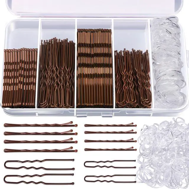 Main image of 300pcs Bobby Pins Hair Pins Kit, 100 Hair Pin for Women 100 Bobby Pins Brown and 100 Hair Bands, Hair Pins for Buns 2inch 2.36inch 2.75inch