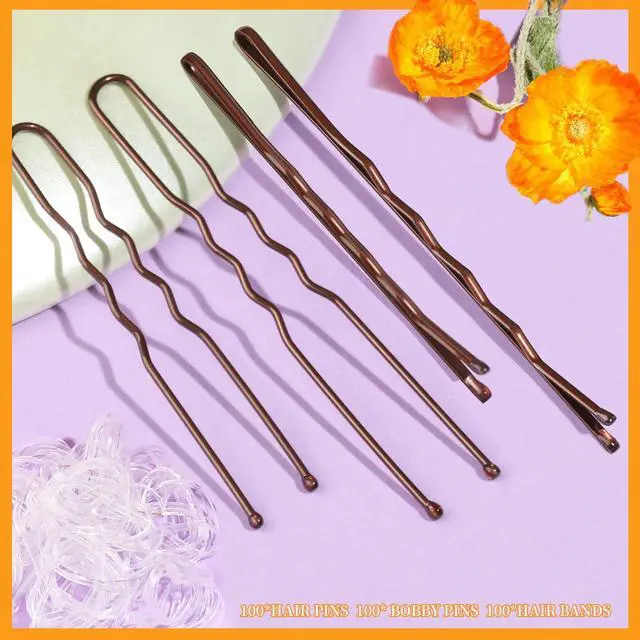 Alt view image 4 of 7 - 300pcs Bobby Pins Hair Pins Kit, 100 Hair Pin for Women 100 Bobby Pins Brown and 100 Hair Bands, Hair Pins for Buns 2inch 2.36inch 2.75inch