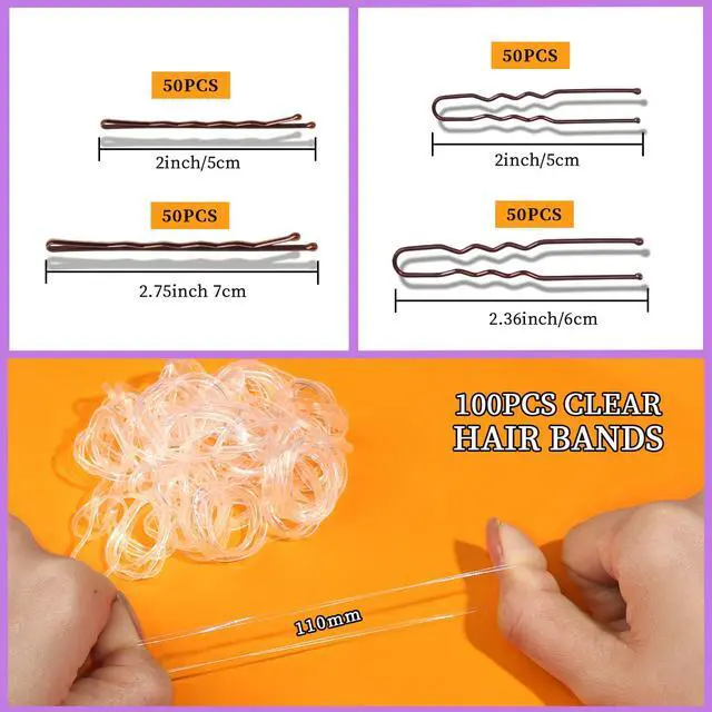Alt view image 6 of 7 - 300pcs Bobby Pins Hair Pins Kit, 100 Hair Pin for Women 100 Bobby Pins Brown and 100 Hair Bands, Hair Pins for Buns 2inch 2.36inch 2.75inch