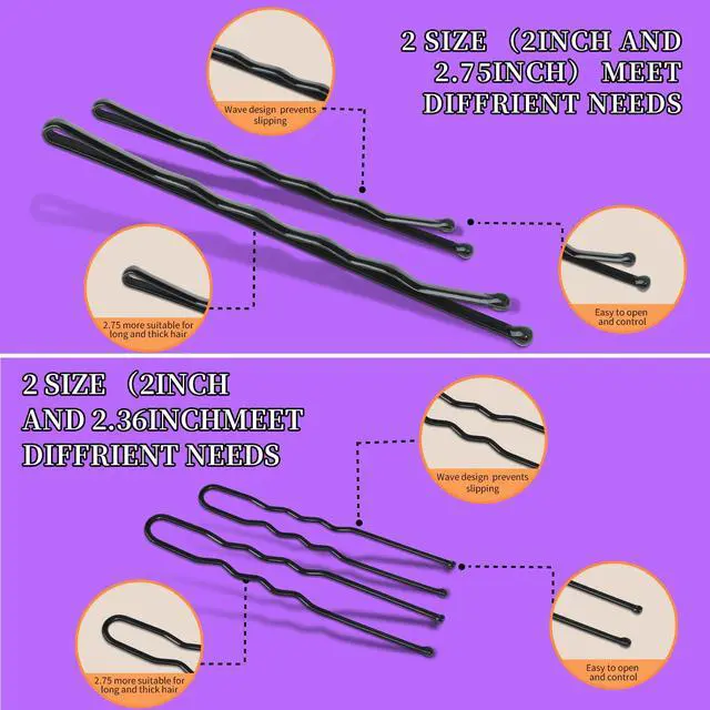Alt view image 6 of 7 - 300pcs Hair Pins Bobby Pins Black, 100 Black Bobby Pins 2" 2.75"100 Hair Pins for Women and 100 Clear Hair Bands Kit, U Pins for Buns 2" 2.36"
