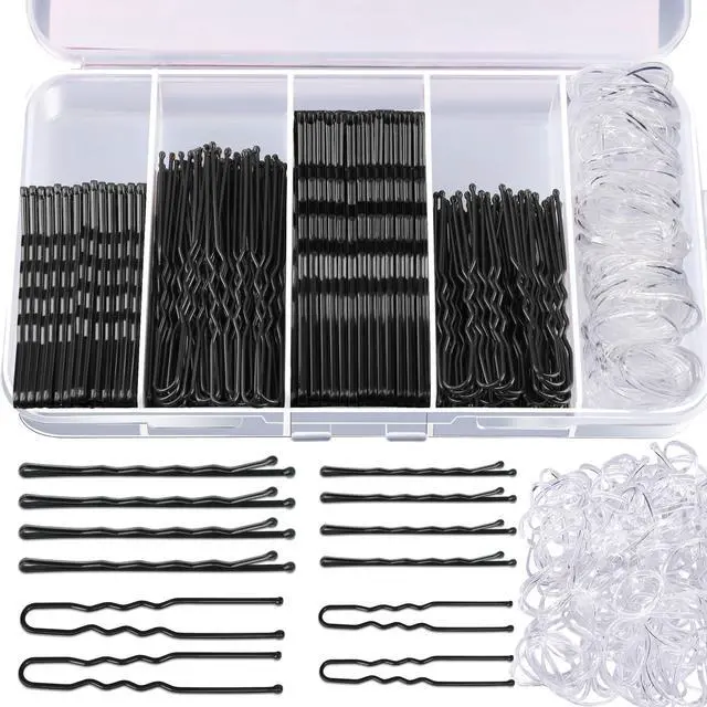 Main image of 300pcs Hair Pins Bobby Pins Black, 100 Black Bobby Pins 2" 2.75"100 Hair Pins for Women and 100 Clear Hair Bands Kit, U Pins for Buns 2" 2.36"
