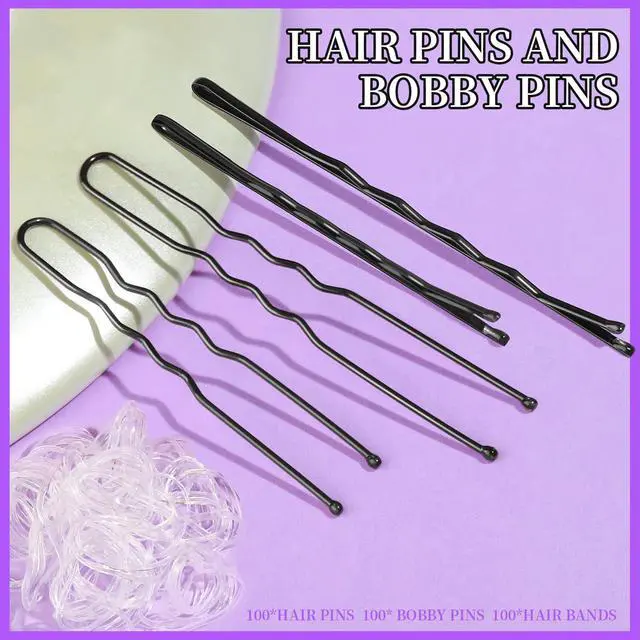 Alt view image 2 of 7 - 300pcs Hair Pins Bobby Pins Black, 100 Black Bobby Pins 2" 2.75"100 Hair Pins for Women and 100 Clear Hair Bands Kit, U Pins for Buns 2" 2.36"