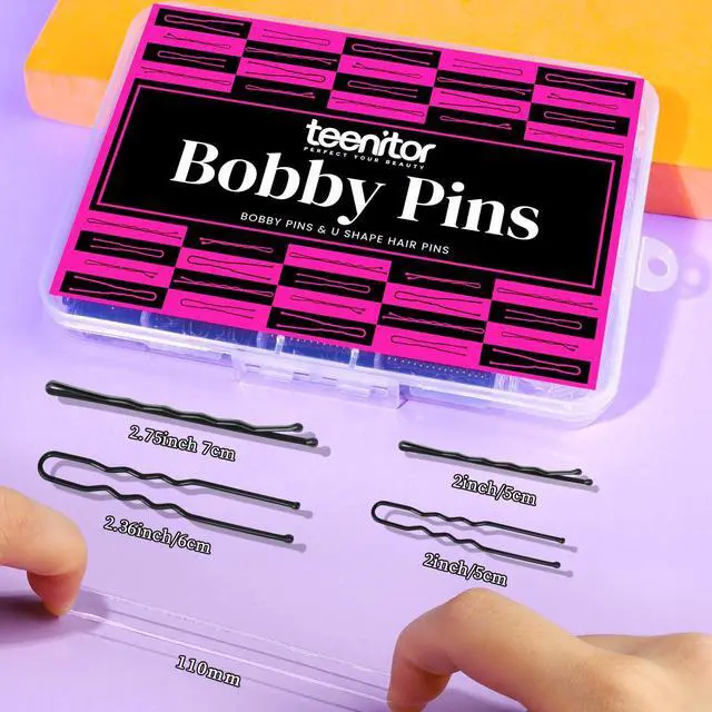 Alt view image 4 of 7 - 300pcs Hair Pins Bobby Pins Black, 100 Black Bobby Pins 2" 2.75"100 Hair Pins for Women and 100 Clear Hair Bands Kit, U Pins for Buns 2" 2.36"