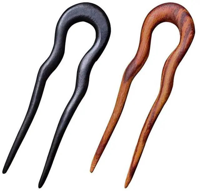 Main image of Wooden Hair Sticks for Women, 2 Pack U Shape Hair Forks for Long Hair, Handmade French Hairpin, Rosewood & Ebony Hair Accessories