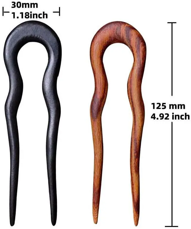 Alt view image 2 of 6 - Wooden Hair Sticks for Women, 2 Pack U Shape Hair Forks for Long Hair, Handmade French Hairpin, Rosewood & Ebony Hair Accessories