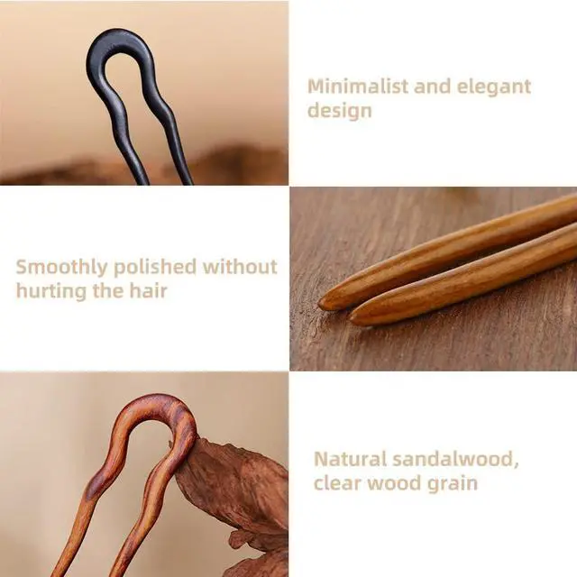 Alt view image 3 of 6 - Wooden Hair Sticks for Women, 2 Pack U Shape Hair Forks for Long Hair, Handmade French Hairpin, Rosewood & Ebony Hair Accessories