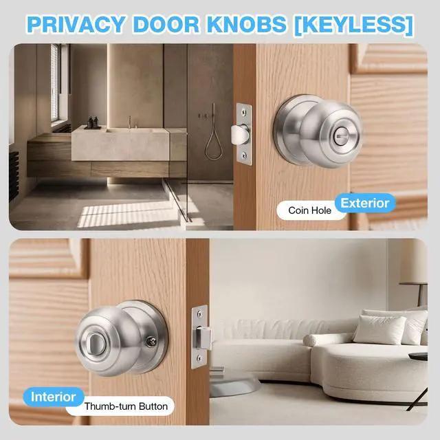 Alt view image 4 of 7 - 1 Pack Privacy Door Knob Interior Door Knobs Bathroom Door Knob Bedroom Door Knobs Brushed Nickel Door Knobs Keyless Indoor Door Knob Satin Nickel Doorknob