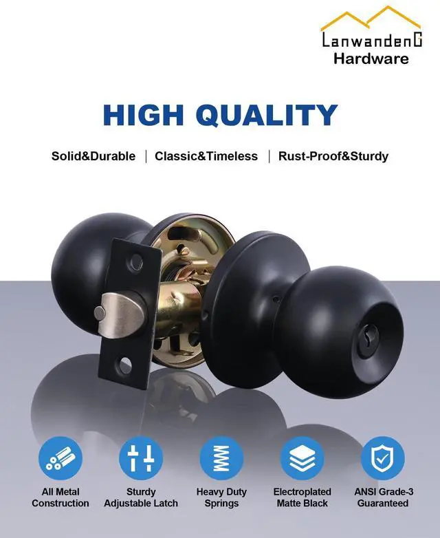Alt view image 2 of 7 - Matte Black Door Knobs with Lock and Keys, Interior/Exterior Door Knob for Bedroom or Bathroom, Entry Door Lock