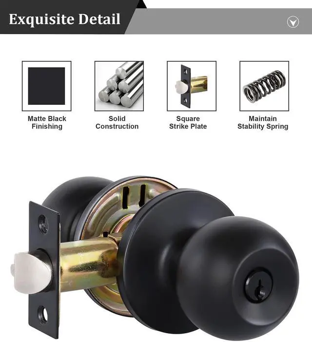 Alt view image 4 of 7 - Matte Black Door Knobs with Lock and Keys, Interior/Exterior Door Knob for Bedroom or Bathroom, Entry Door Lock