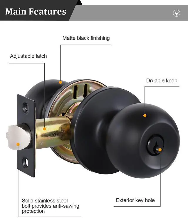 Alt view image 5 of 7 - Matte Black Door Knobs with Lock and Keys, Interior/Exterior Door Knob for Bedroom or Bathroom, Entry Door Lock
