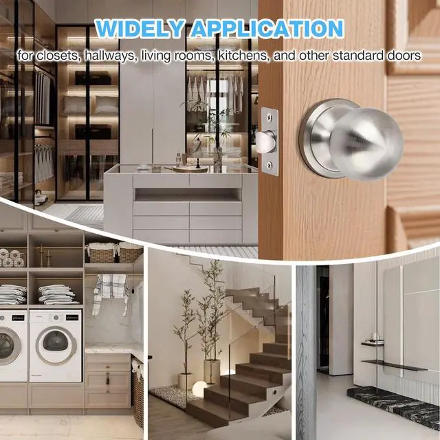 Alt view image 5 of 6 - 1 Pack Brushed Nickel Door Knobs Interior, Closet Door Knob, Nickel Passage Door Knobs Interior, Hall and Closet Door Knobs for Bedroom or Bathroom, Non-Locking Doorknob with Round Ball