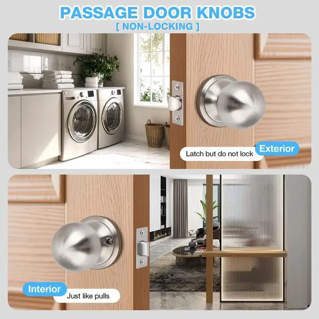 Alt view image 4 of 6 - 1 Pack Brushed Nickel Door Knobs Interior, Closet Door Knob, Nickel Passage Door Knobs Interior, Hall and Closet Door Knobs for Bedroom or Bathroom, Non-Locking Doorknob with Round Ball