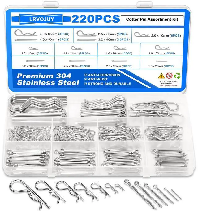 Main image of Cotter Pin Assortment Kit, 220PCS Cotter Pins 13 Sizes Premium 304 Stainless Steel Heavy Duty R Clips & Hairpin Split Pin Set, Hardware Pins for Automotive, Trailer, Pin Lock System