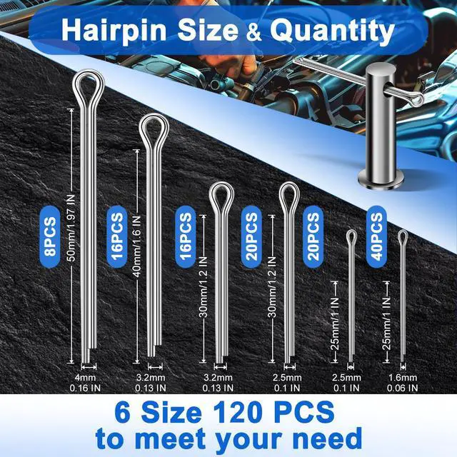Alt view image 3 of 6 - Cotter Pin Assortment Kit, 220PCS Cotter Pins 13 Sizes Premium 304 Stainless Steel Heavy Duty R Clips & Hairpin Split Pin Set, Hardware Pins for Automotive, Trailer, Pin Lock System
