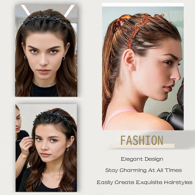Alt view image 3 of 7 - 2 Pcs Bangs Hairstyle Hairpin Headband, Professional Weave Bangs Clip, Toothed Headband Braid Tool, Women Girls Fashion Hair Accessories (Black and Brown)