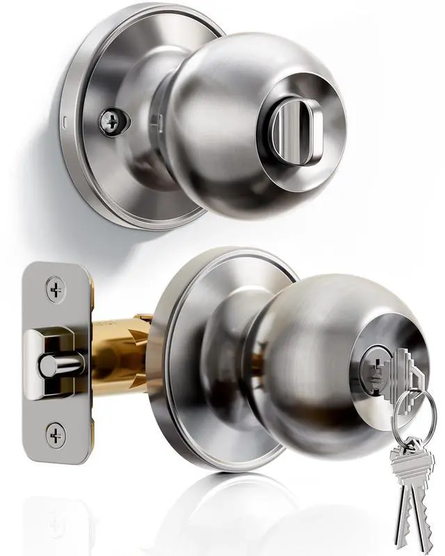 Main image of Keyed Entry Door Knob, Bedroom Door Lock with Keys, Heavy-Duty Rust-Proof Construction, Door Handle for Exterior Interior Security, Easy to Install, Brushed Nickel