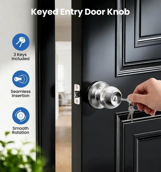 Alt view image 2 of 7 - Keyed Entry Door Knob, Bedroom Door Lock with Keys, Heavy-Duty Rust-Proof Construction, Door Handle for Exterior Interior Security, Easy to Install, Brushed Nickel